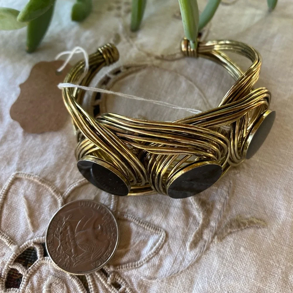 Vintage bracelet Napier-like cuff gold wire wrap woven‎ Black enamel- estate